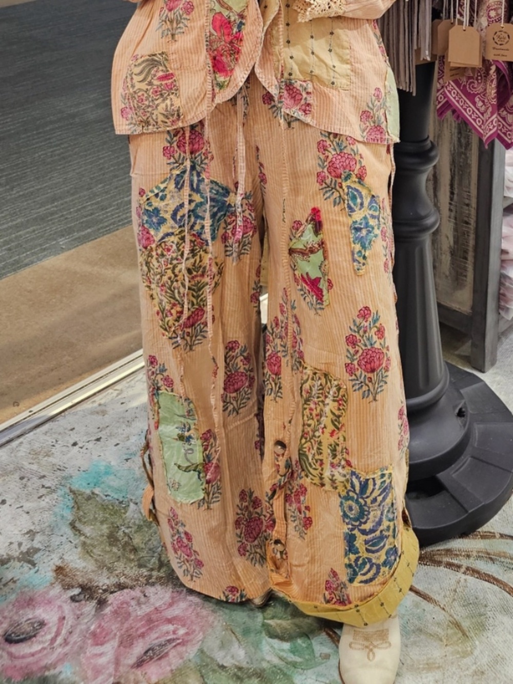 A Rare Bird Reversible Vintage Striped Florals Patchwork Wide Leg Pants